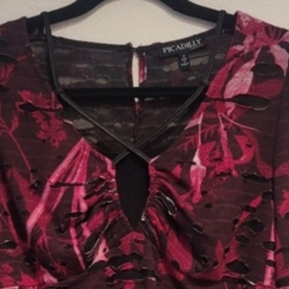 PICADILLY Black, Burgandi, Pink Floral Blouse Unique Sexy Bust Statement Design